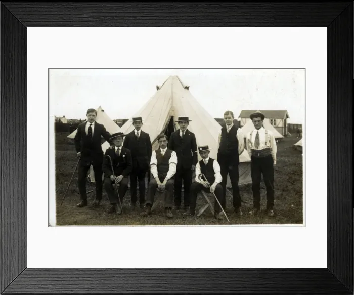 Framed Print : Group of Campers in Straw Hats, Unknown location Framed Print : Group of Campers in Straw Hats, Unknown location