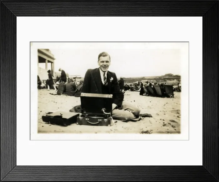Framed Print : Man of Beach with Portable Gramophone Framed Print : Man of Beach with Portable Gramophone