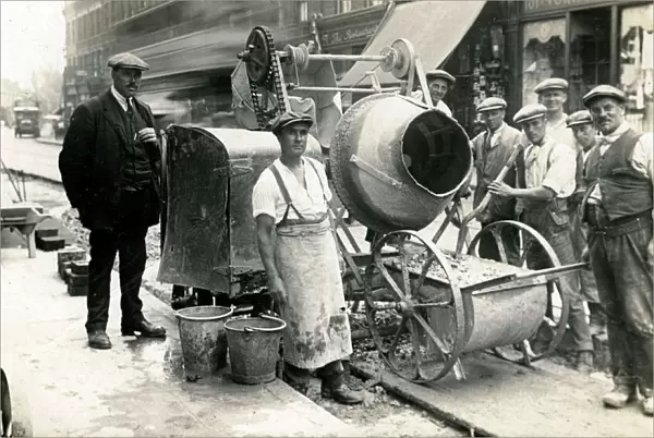 Workmen with Early Cement Mixer, Unknown Location, England