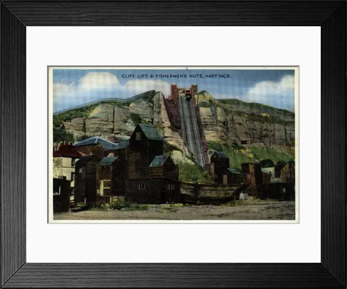Framed Print : Cliff Lift & Fishermans Huts, Hastings, England Framed Print : Cliff Lift & Fishermans Huts, Hastings, England