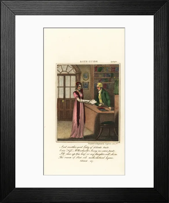 Framed Print : Fashionable Regency woman at a booksellers in Bath Framed Print : Fashionable Regency woman at a booksellers in Bath