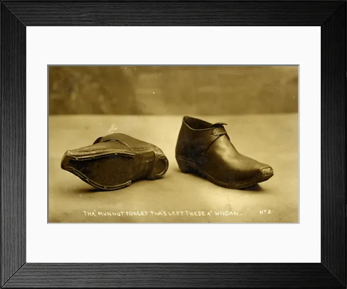 Framed Print : Clogs, England. Tha Munnut Forget Thas Left These a Whoam Date: 1900s Framed Print : Clogs, England. Tha Munnut Forget Thas Left These a Whoam Date: 1900s