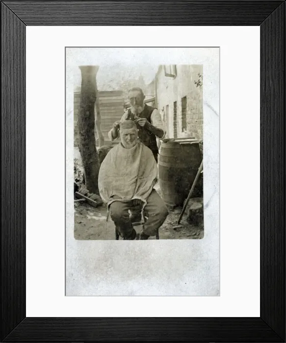 Framed Print : Barber, England. Date: 1900s Framed Print : Barber, England. Date: 1900s