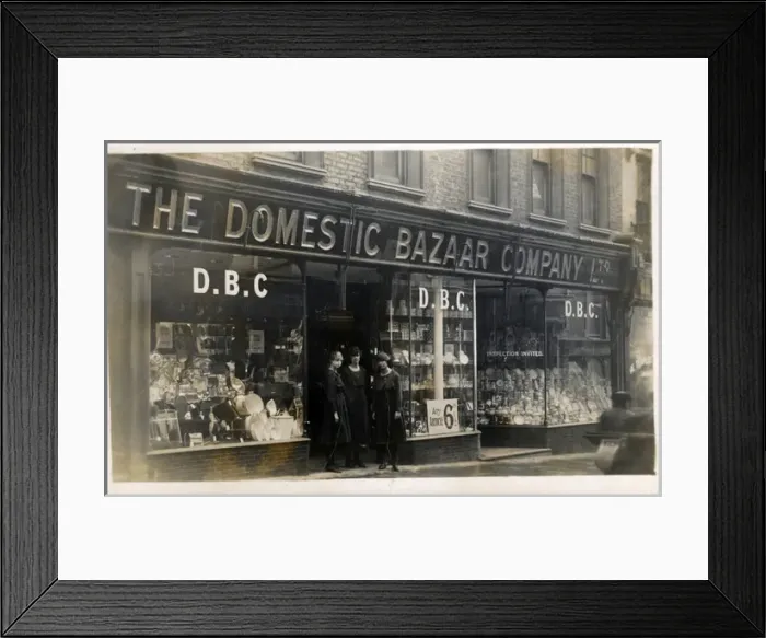 Framed Print : Shop-front - Premises of The Domestic Bazaar Co, Bedford Framed Print : Shop-front - Premises of The Domestic Bazaar Co, Bedford