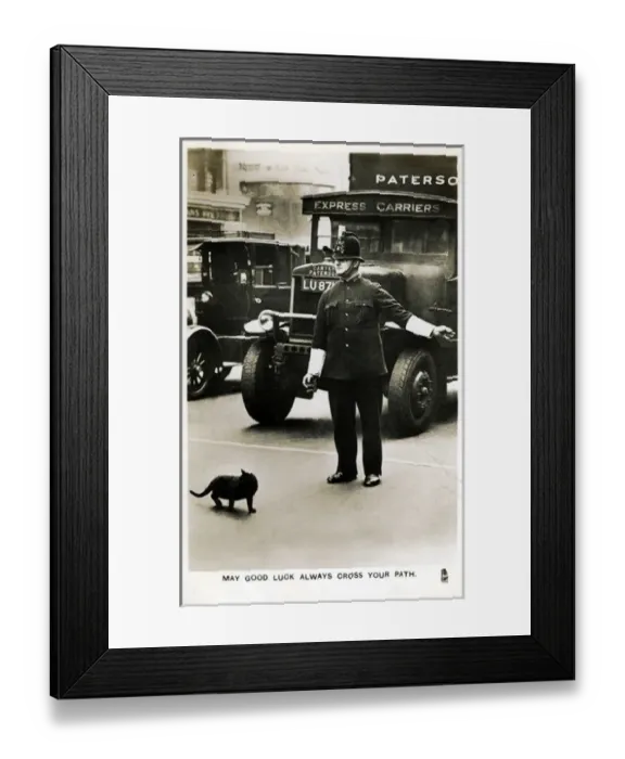 Framed Print : Policeman Helping Black Cat to Cross Road, London Framed Print : Policeman Helping Black Cat to Cross Road, London