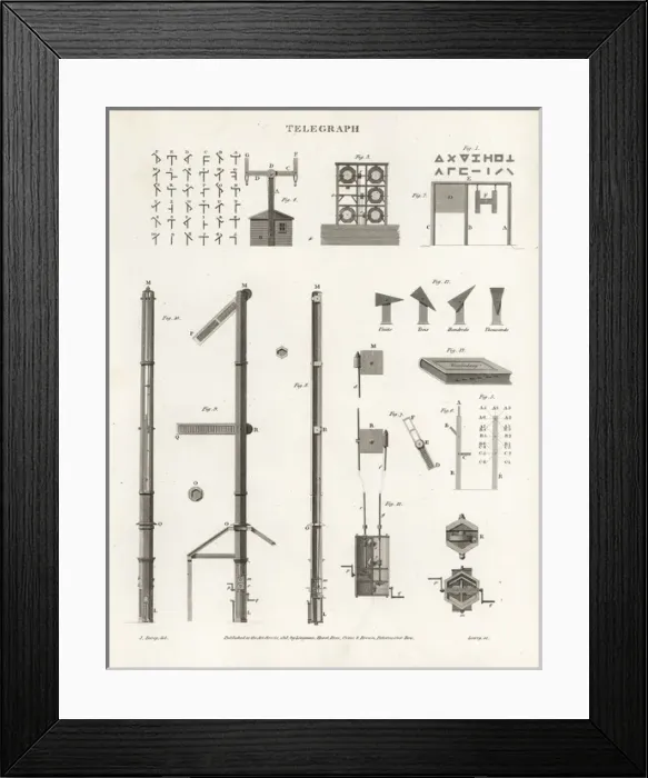 Framed Print : Telegraph equipment, alphabet, and machinery, 19th century Framed Print : Telegraph equipment, alphabet, and machinery, 19th century