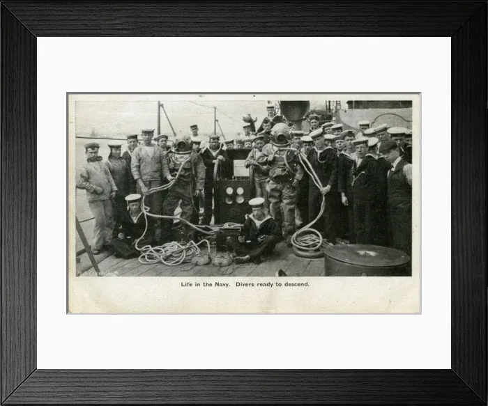 Framed Print : World War One Diving from Navy Boat, Britain Framed Print : World War One Diving from Navy Boat, Britain