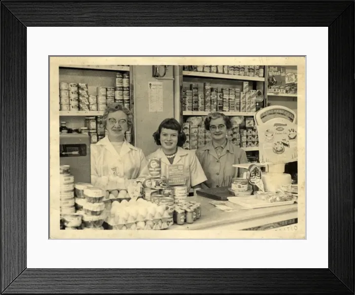 Framed Print : Shop Interior & Staff, England Framed Print : Shop Interior & Staff, England