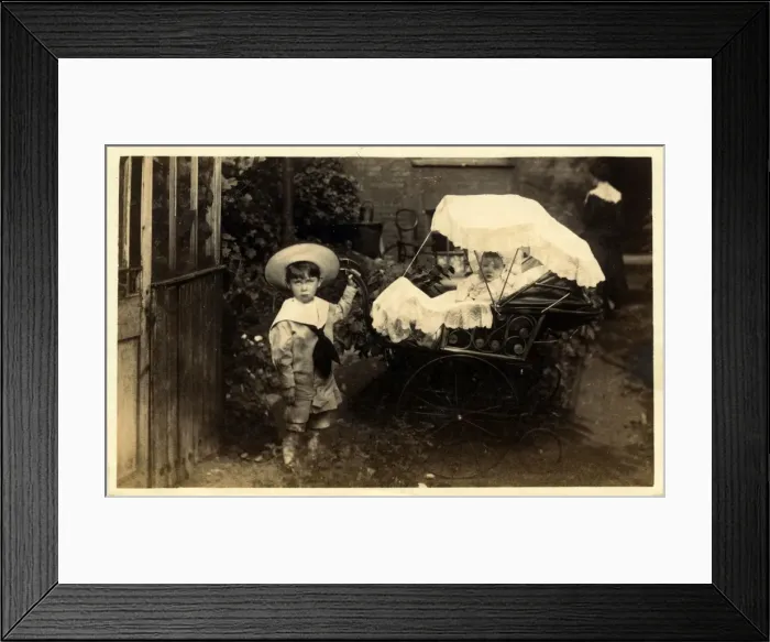 Framed Print : Siblings with Vintage Pram, (Dalston Publisher), England Framed Print : Siblings with Vintage Pram, (Dalston Publisher), England