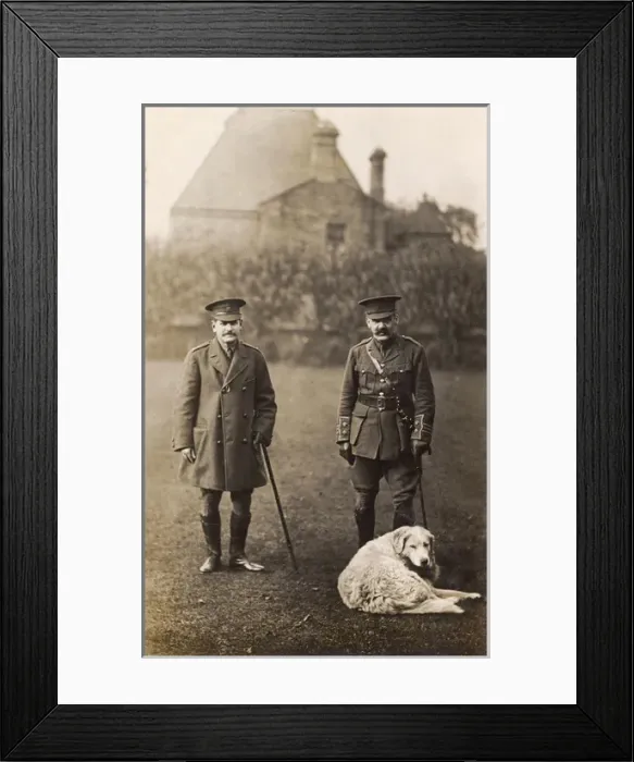 Framed Print : Two soldiers with a dog in a garden Framed Print : Two soldiers with a dog in a garden