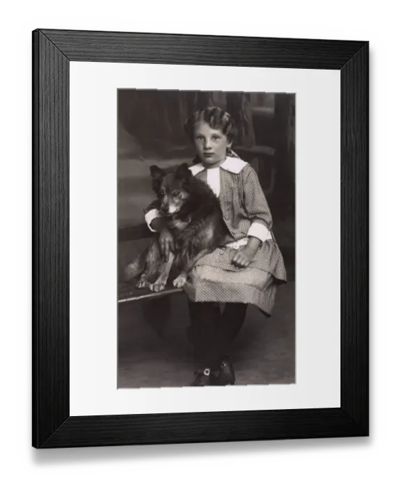 Framed Print : Studio portrait, little girl with a dog, Germany Framed Print : Studio portrait, little girl with a dog, Germany