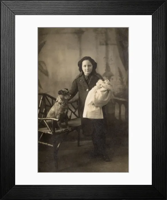 Framed Print : Studio portrait, girl with dog and doll Framed Print : Studio portrait, girl with dog and doll