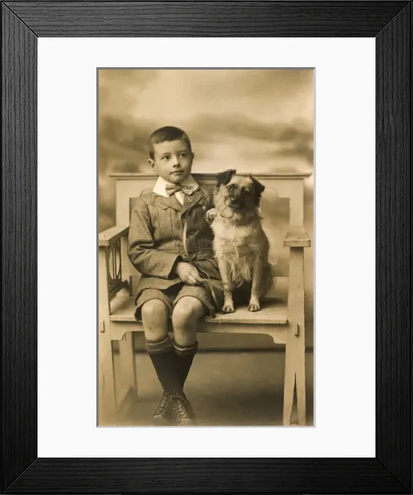 Framed Print : Studio portrait, little boy with his dog Framed Print : Studio portrait, little boy with his dog