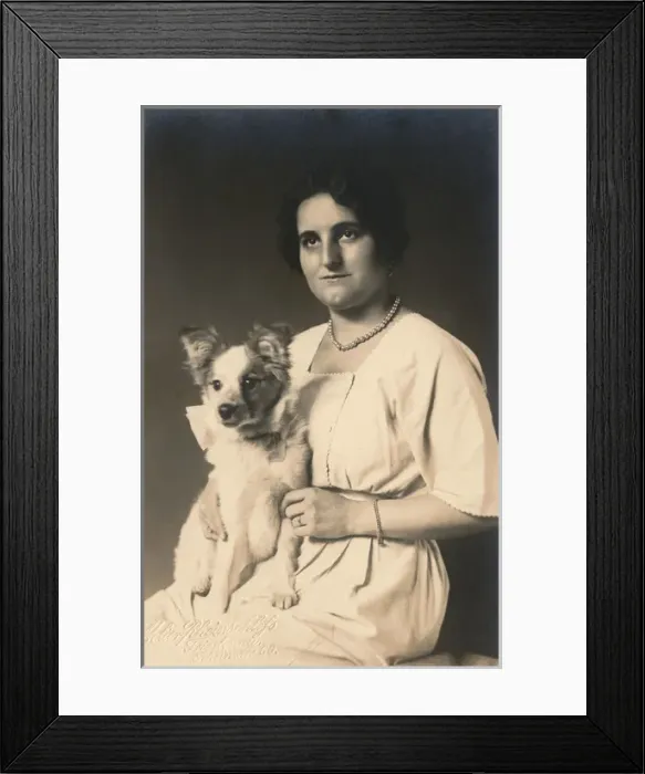 Framed Print : Studio portrait, woman with dog, Germany Framed Print : Studio portrait, woman with dog, Germany