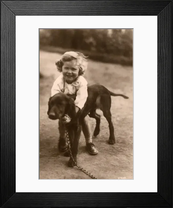 Framed Print : Little girl with a large puppy in a garden Framed Print : Little girl with a large puppy in a garden