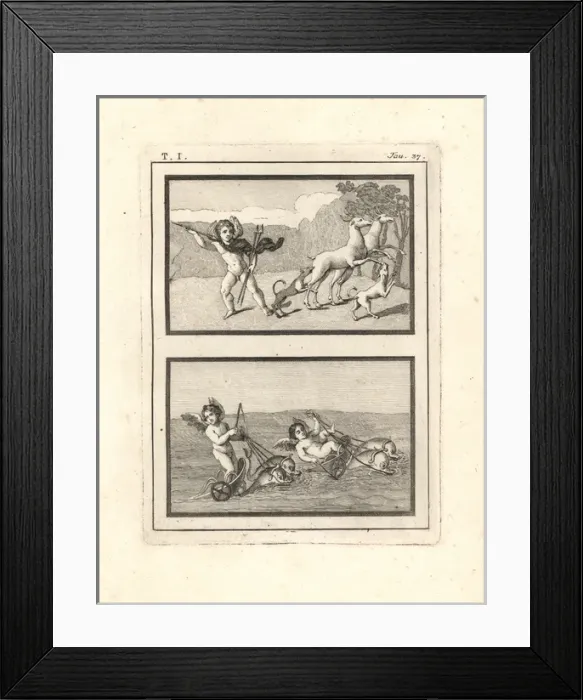 Framed Print : Vignettes of cupids or genii playing at hunting and racing Framed Print : Vignettes of cupids or genii playing at hunting and racing
