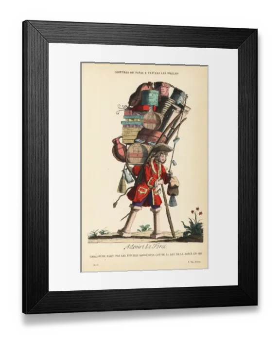 Framed Print : Caricature of the Duke de la Force laden with boxes, 1721 Framed Print : Caricature of the Duke de la Force laden with boxes, 1721