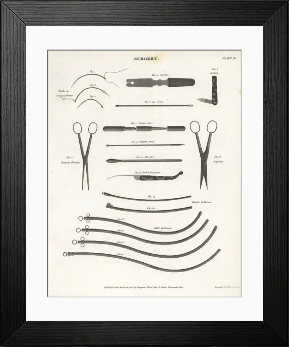 Framed Print : Surgical equipment including probes, catheters and scissors Framed Print : Surgical equipment including probes, catheters and scissors