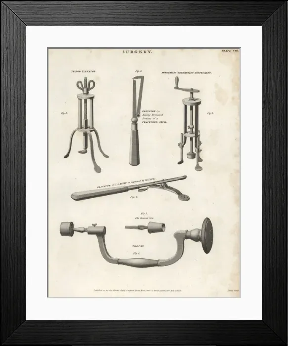 Framed Print : Surgical equipment including elevator and trepans, 19thC
