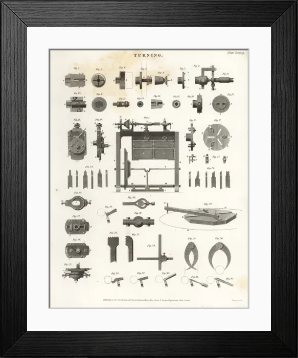 Framed Print : Lathe turning equipment, bits and machinery, 19th century Framed Print : Lathe turning equipment, bits and machinery, 19th century
