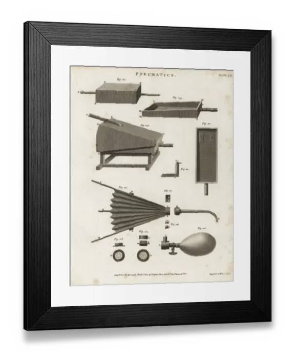 Framed Print : Pneumatics- bellows, plans and elevations, 18th century Framed Print : Pneumatics- bellows, plans and elevations, 18th century
