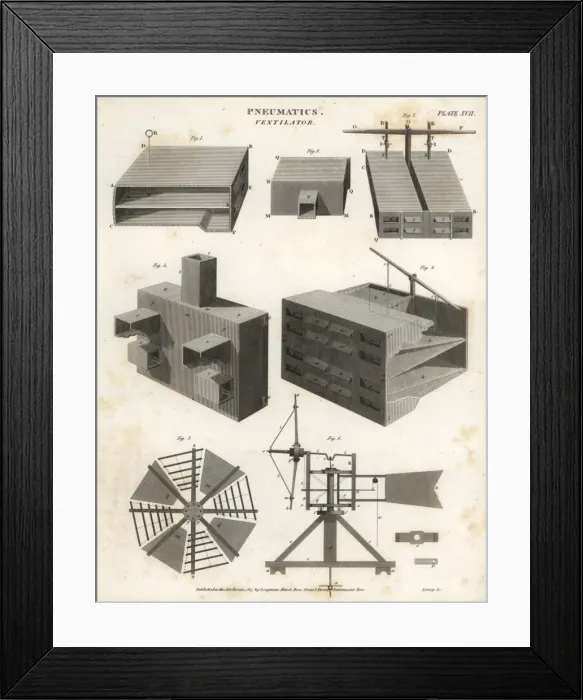Framed Print : Pneumatics ventilator, section and plan, 18th century Framed Print : Pneumatics ventilator, section and plan, 18th century