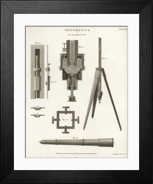 Framed Print : Pneumatics- barometer, section, elevation, 18th century Framed Print : Pneumatics- barometer, section, elevation, 18th century