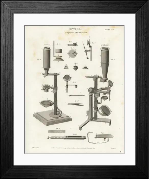 Framed Print : Compound microscope mechanisms and parts Framed Print : Compound microscope mechanisms and parts