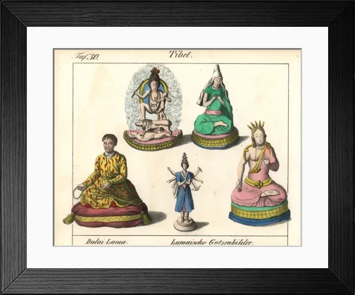 Framed Print : Dalai Lama with prayer beads, and statues of Framed Print : Dalai Lama with prayer beads, and statues of