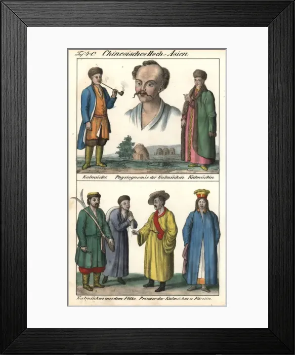 Framed Print : Kalmyk man smoking a pipe, farmers, priest and princess Framed Print : Kalmyk man smoking a pipe, farmers, priest and princess
