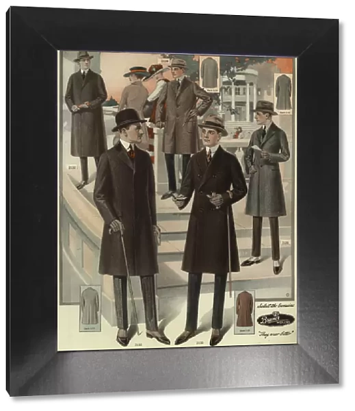 Men in box and fly-front overcoats from the 1920s