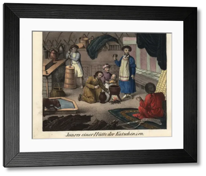 Framed Print : Kachin family in gher making butter Framed Print : Kachin family in gher making butter