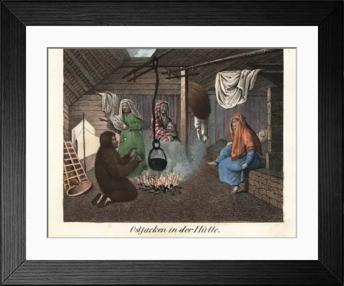 Framed Print : Khanty or Ostyak hut interior with man in a Framed Print : Khanty or Ostyak hut interior with man in a