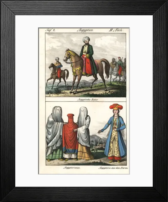 Framed Print : Egyptian riders wearing turbans, women and girl in burqa Framed Print : Egyptian riders wearing turbans, women and girl in burqa