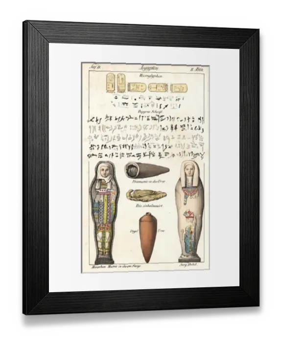 Framed Print : Egyptian hieroglyphs on papyrus, mummy in urn Framed Print : Egyptian hieroglyphs on papyrus, mummy in urn