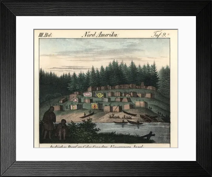 Framed Print : Village on Vancouver island, Canada, houses and canoes Framed Print : Village on Vancouver island, Canada, houses and canoes