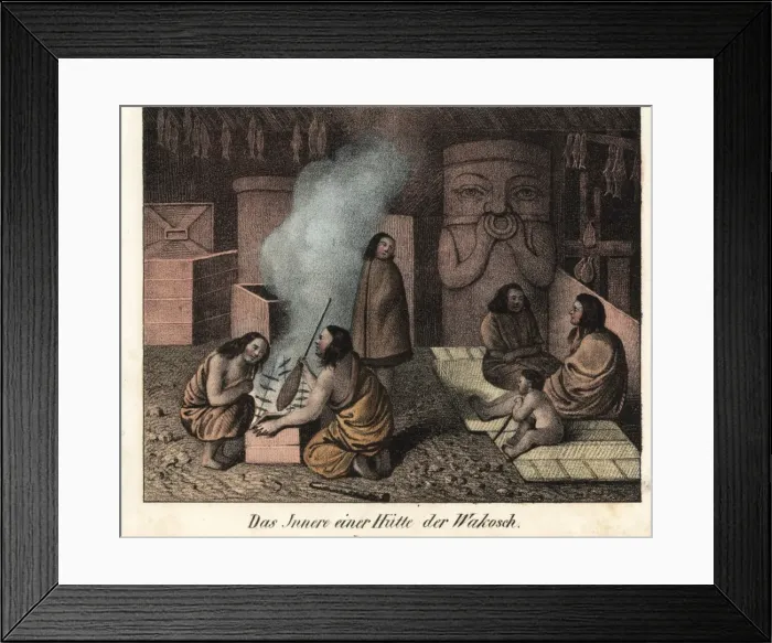 Framed Print : Wakashan hut, with men barbecuing fish, totem Framed Print : Wakashan hut, with men barbecuing fish, totem