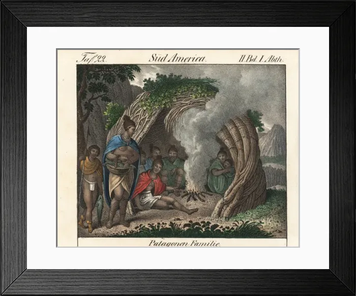 Framed Print : Natives of Patagonia in a hut made out of branches Framed Print : Natives of Patagonia in a hut made out of branches