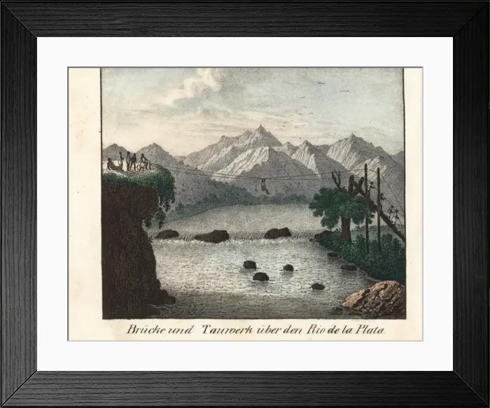 Framed Print : Natives using a rope bridge to cross the Rio de la Plata Framed Print : Natives using a rope bridge to cross the Rio de la Plata