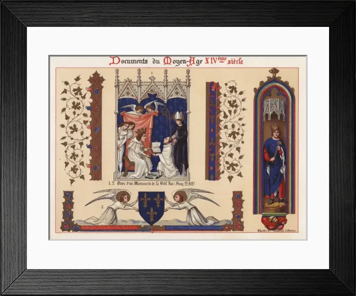 Framed Print : Angels with shield, priest presenting an illuminated Framed Print : Angels with shield, priest presenting an illuminated