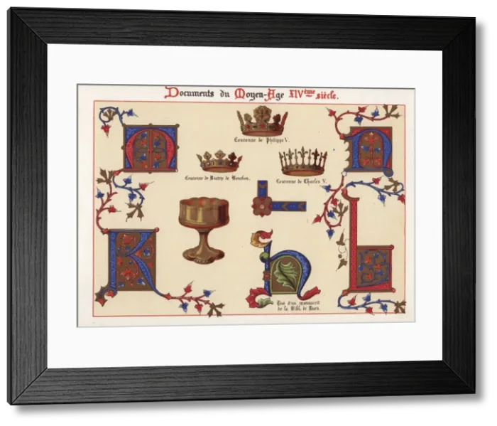 Framed Print : Illuminated letters, crowns of Philippe V Framed Print : Illuminated letters, crowns of Philippe V