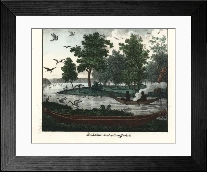 Framed Print : Australian aborigines paddling a canoe, others Framed Print : Australian aborigines paddling a canoe, others