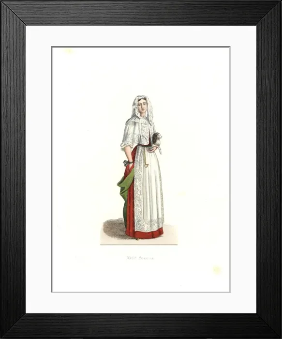 Framed Print : Woman in morning dress holding a lapdog, France Framed Print : Woman in morning dress holding a lapdog, France