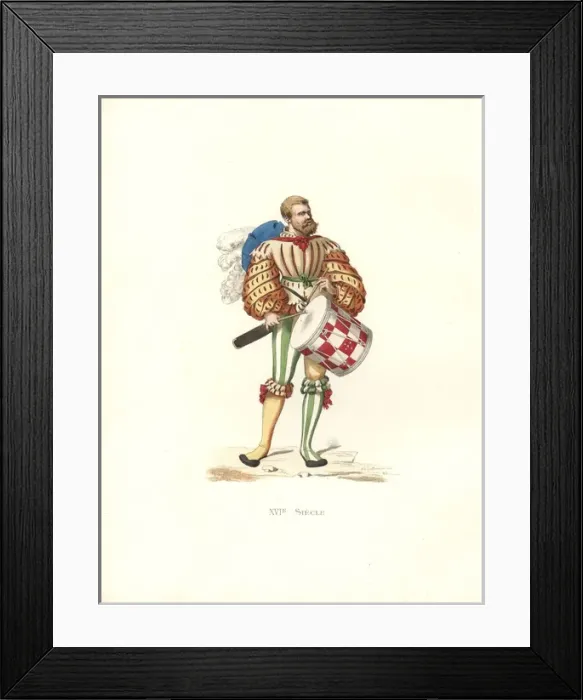 Framed Print : German military drummer, 16th century, in slashed Framed Print : German military drummer, 16th century, in slashed
