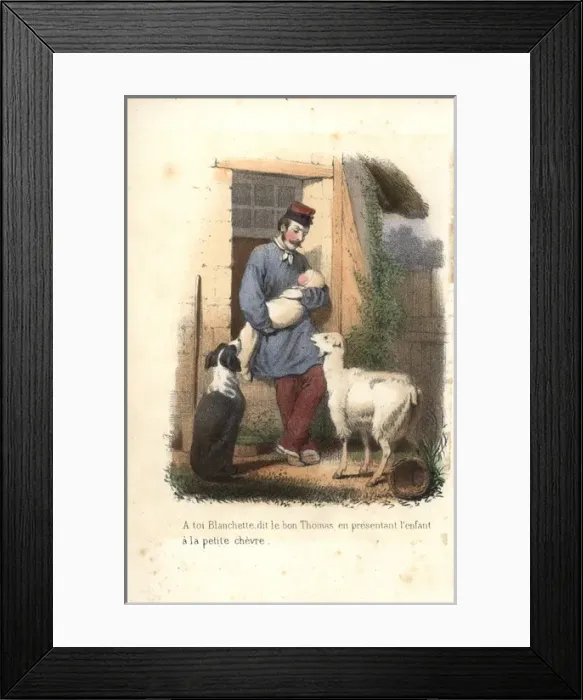 Framed Print : A shepherd and baby with dog and young goat Framed Print : A shepherd and baby with dog and young goat