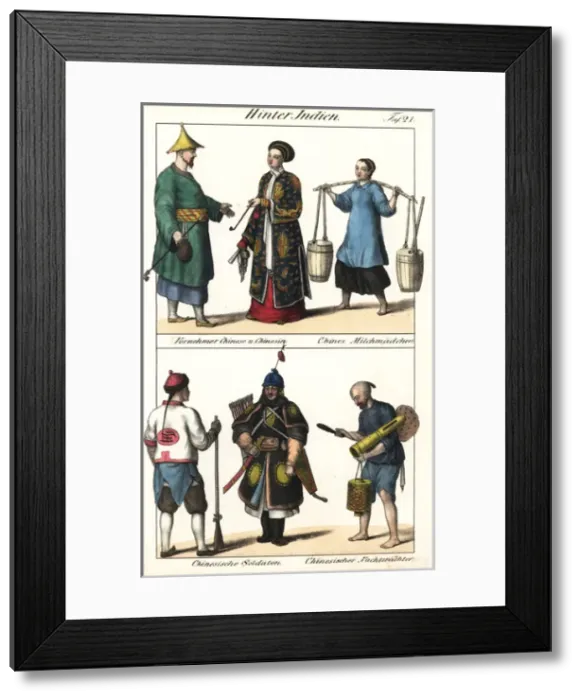 Framed Print : Chinese with tobacco pipes, milkmaid, soldiers Framed Print : Chinese with tobacco pipes, milkmaid, soldiers