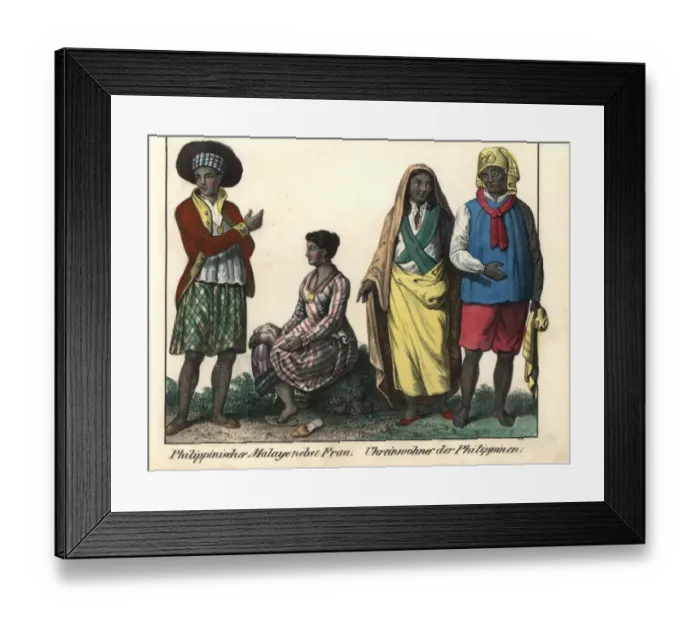 Framed Print : Filipino Malay in scarlet jacket with wife in striped dress Framed Print : Filipino Malay in scarlet jacket with wife in striped dress
