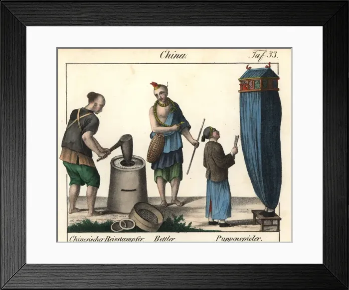 Framed Print : Costumes of China: rice-pounder, beggar and puppeteer Framed Print : Costumes of China: rice-pounder, beggar and puppeteer