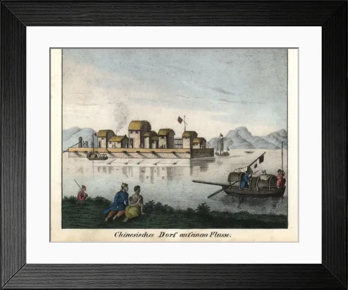 Framed Print : Chinese walled village on a river with sampan on the water Framed Print : Chinese walled village on a river with sampan on the water
