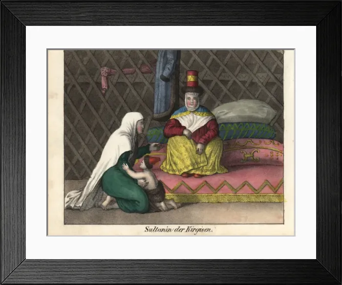 Framed Print : Kyrgyz sultana seated on a carpet in a gher Framed Print : Kyrgyz sultana seated on a carpet in a gher